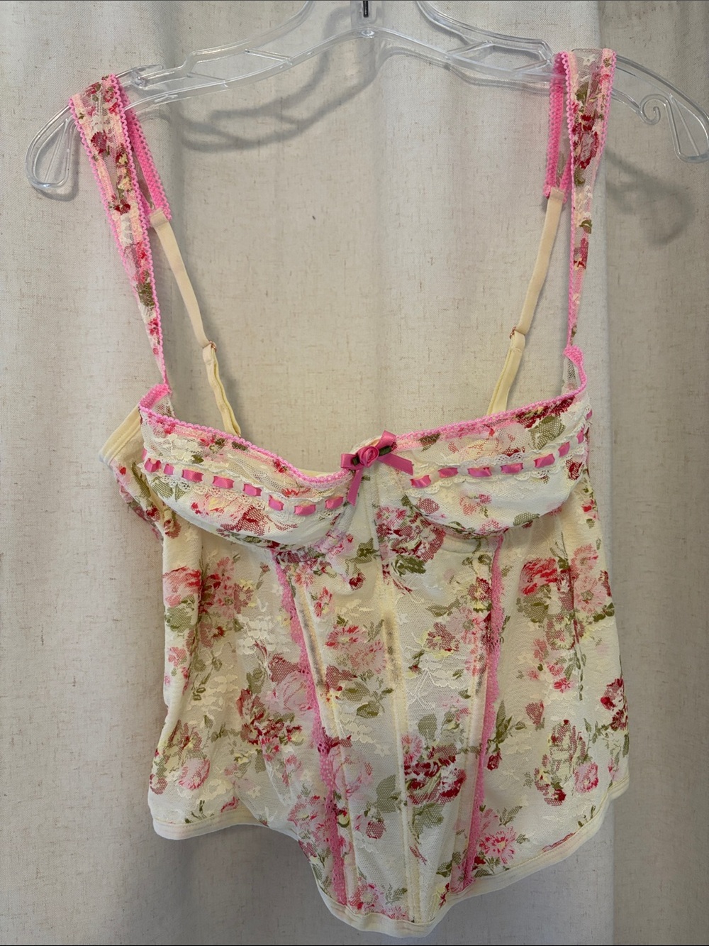 Urban Outfitters Cream Bustier Camisole with Pink Floral Trim